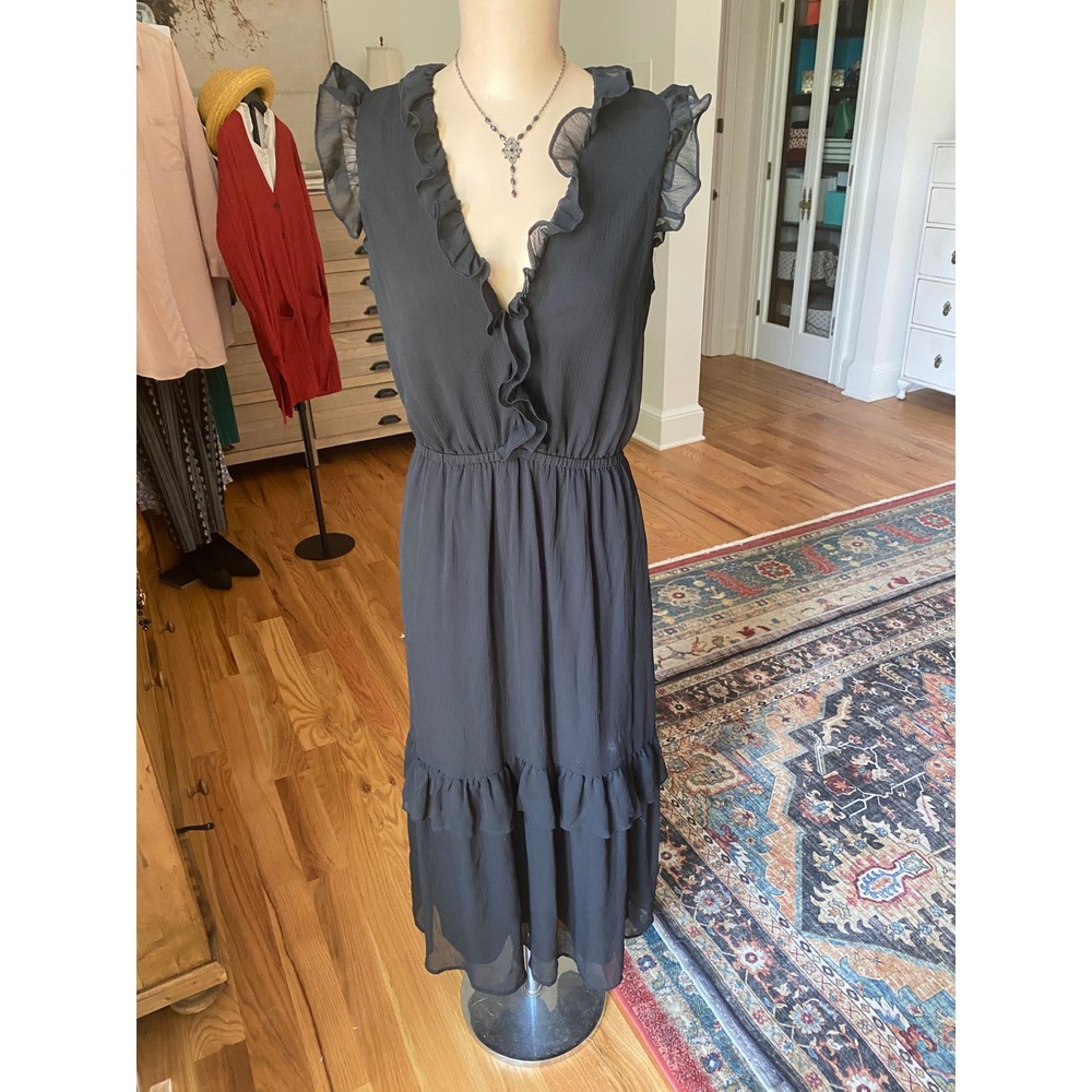 Banana Republic Black Ruffle V-Neck Tiered Chiffon Midi Dress Womens Small